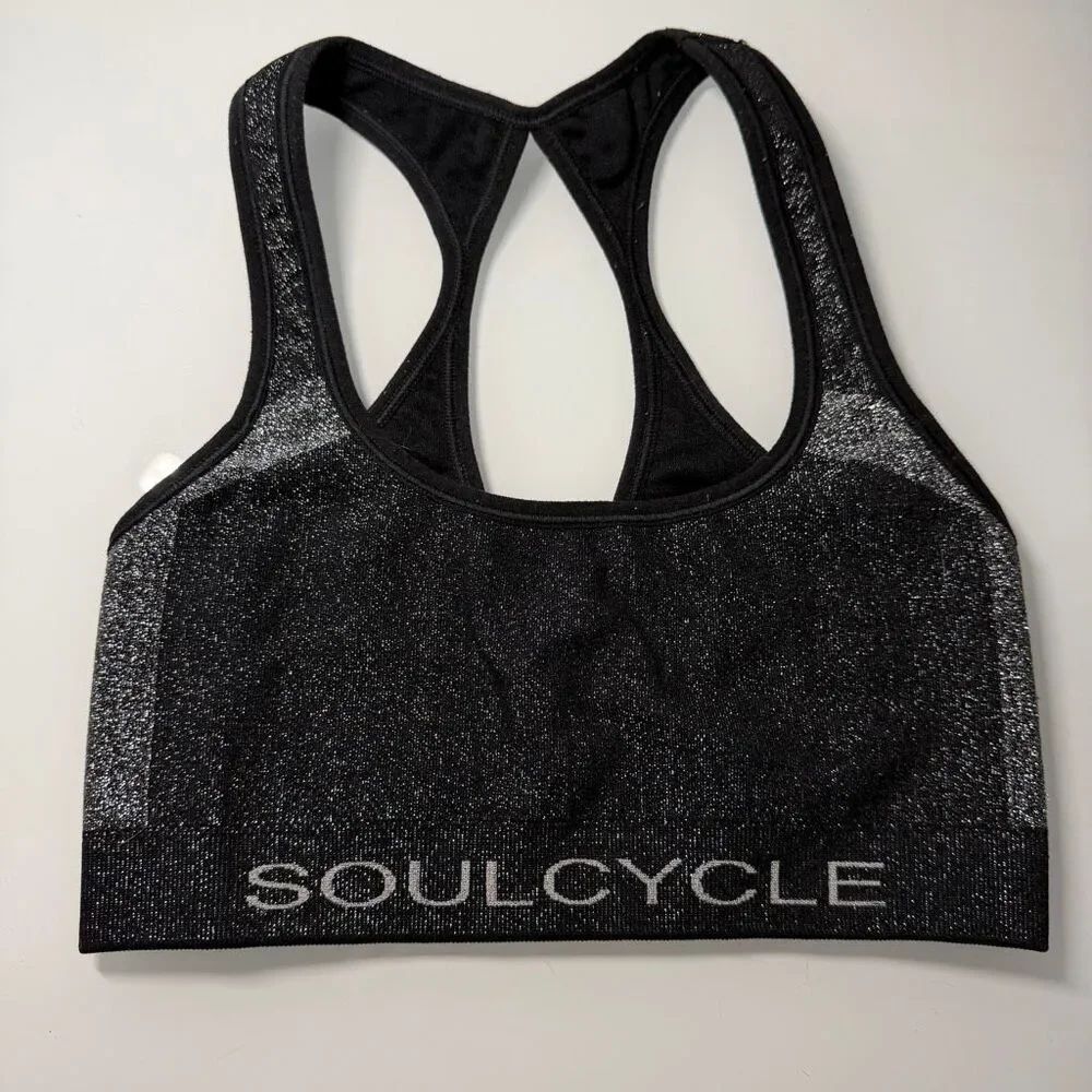 SoulCycle x NUX Black Metallic Shimmer Racerback Sports Bra Skull Logo Size S